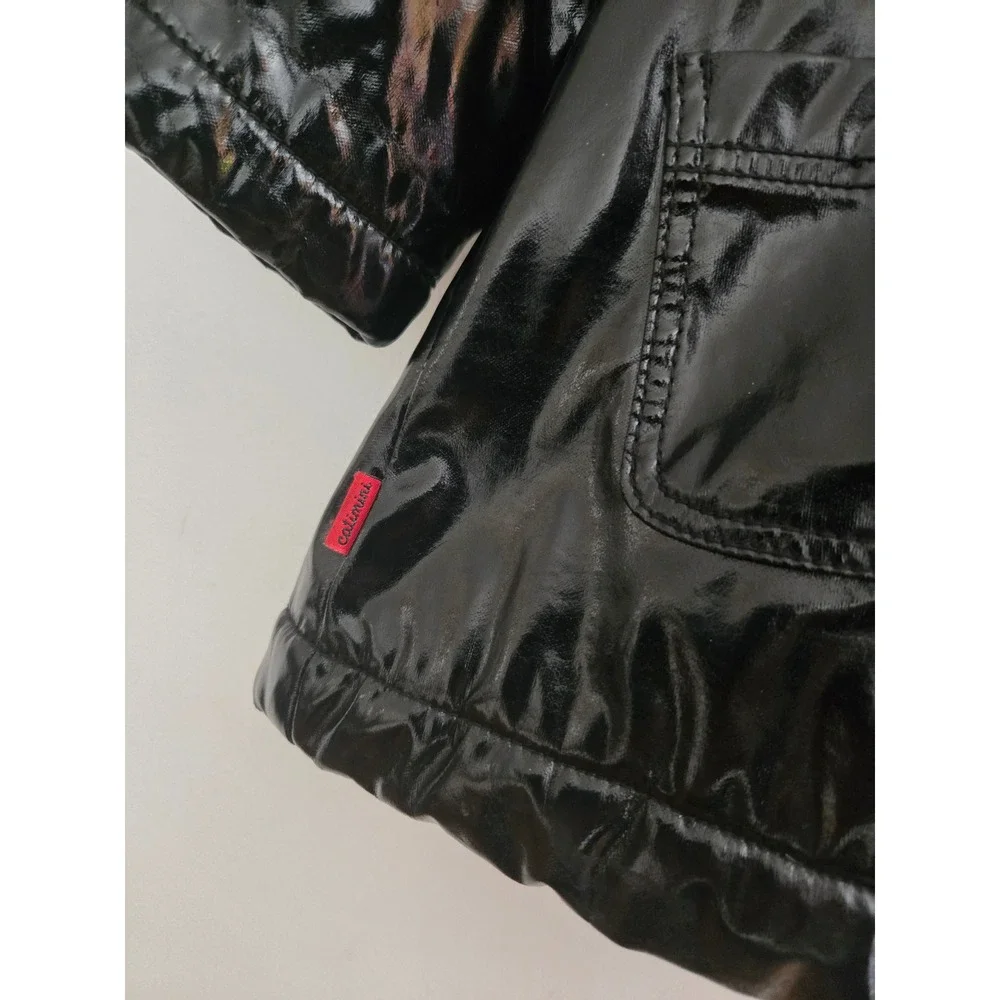 Catimini Black Patent Hooded Coat Faux Fur‎ Trim Flower Detail Size 4